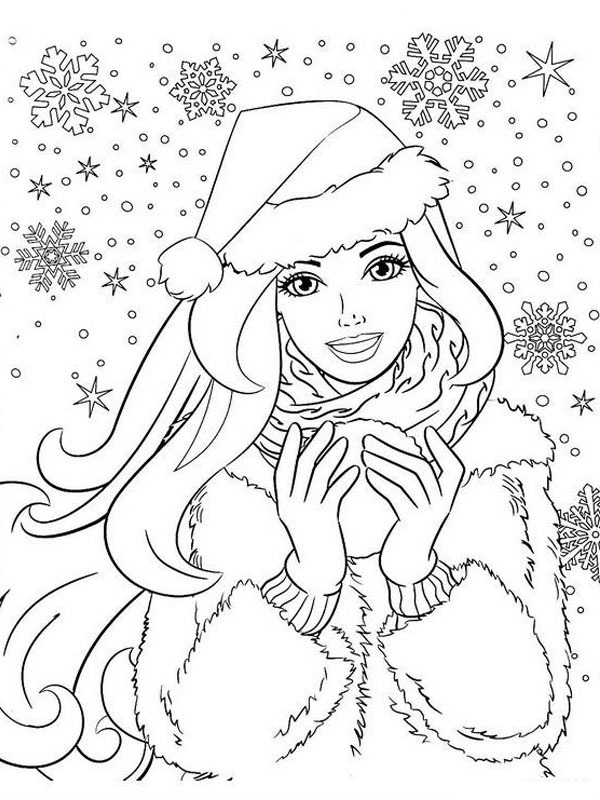 Dibujo de Barbie con gorro de Papá Noel para Colorear