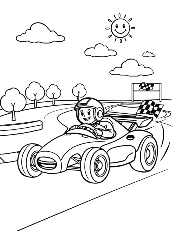 Dibujo de Niño en un auto de carreras para Colorear