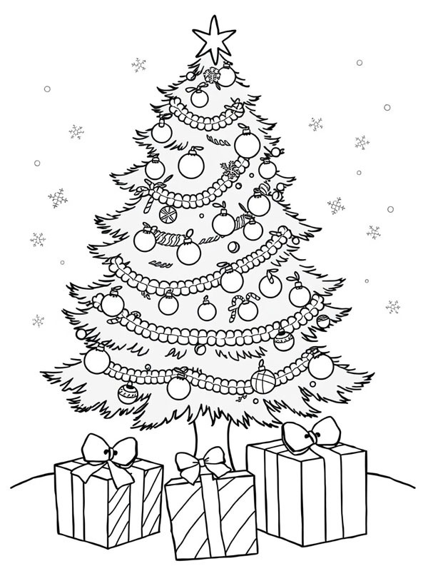 Dibujo de Regalos de Navidad bajo el árbol de Navidad para Colorear