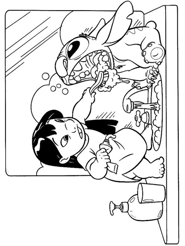 Dibujo de Lilo enseña a Stitch a lavarse los dientes para Colorear