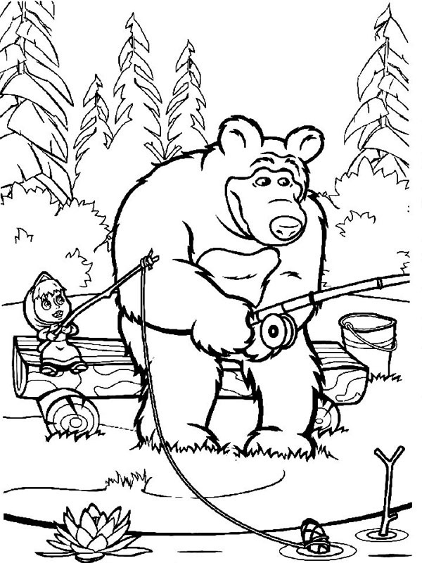 Dibujo de Masha y el Oso pescando para Colorear