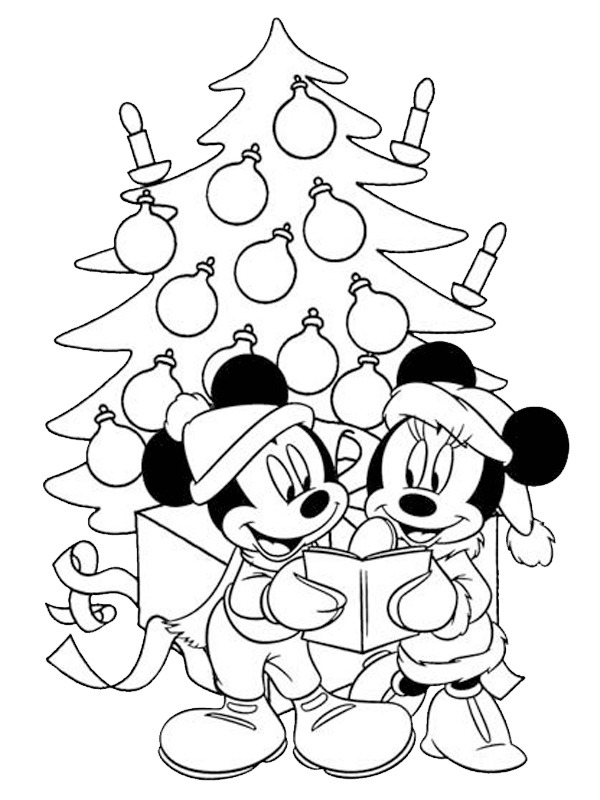 Dibujo de Minnie y Mickey delante del árbol de Navidad para Colorear