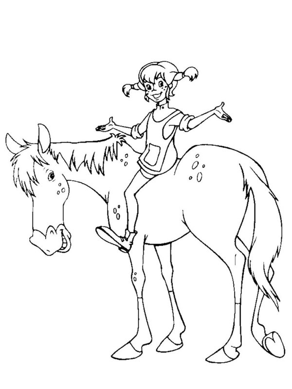 Dibujo de Pippi se sienta en el caballo para Colorear