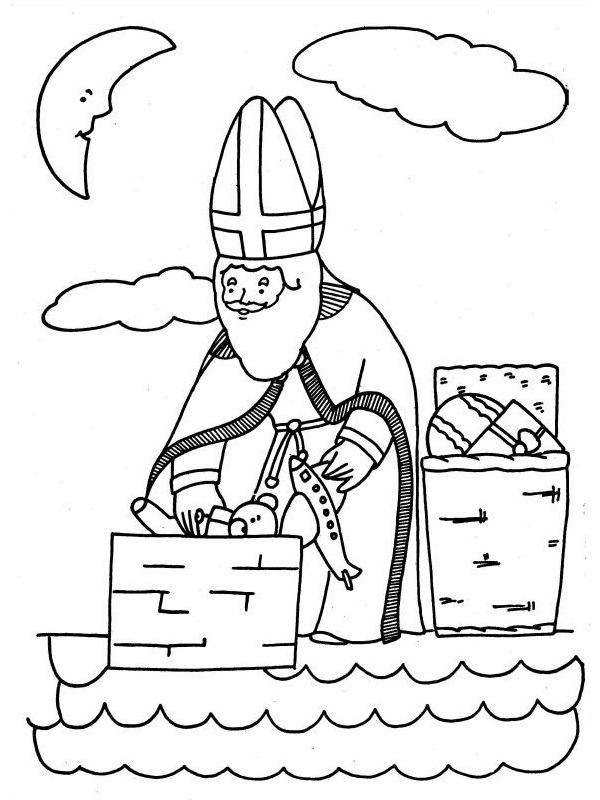 Dibujo de San Nicolás en el tejado para Colorear