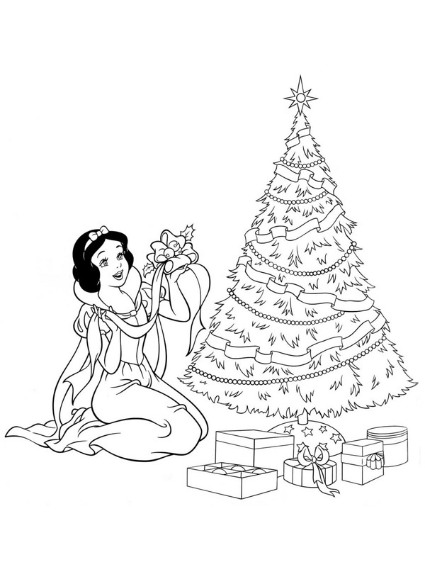 Dibujo de Blancanieves junto al árbol de Navidad para Colorear