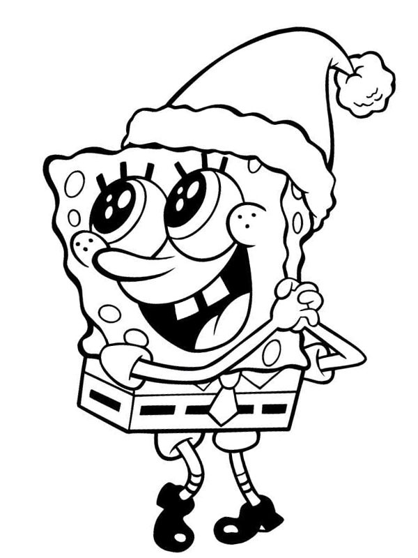 Dibujo de Bob Esponja con gorro de Papá Noel para Colorear