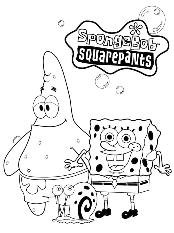 Dibujo de Bob Esponja, Patricio Estrella y Gerrit el Caracol para Colorear