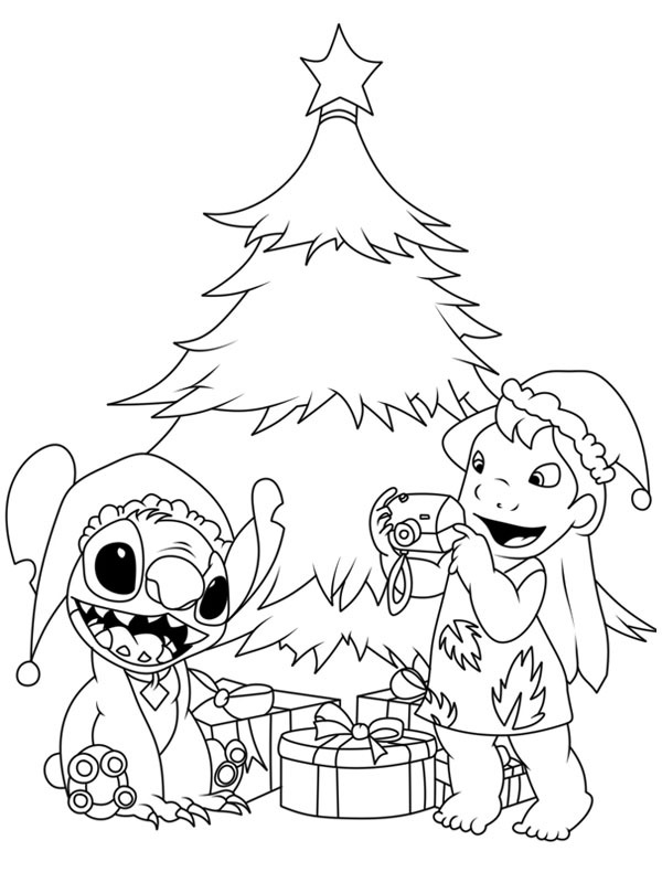 Dibujo de Stitch y Lilo junto al árbol de Navidad para Colorear