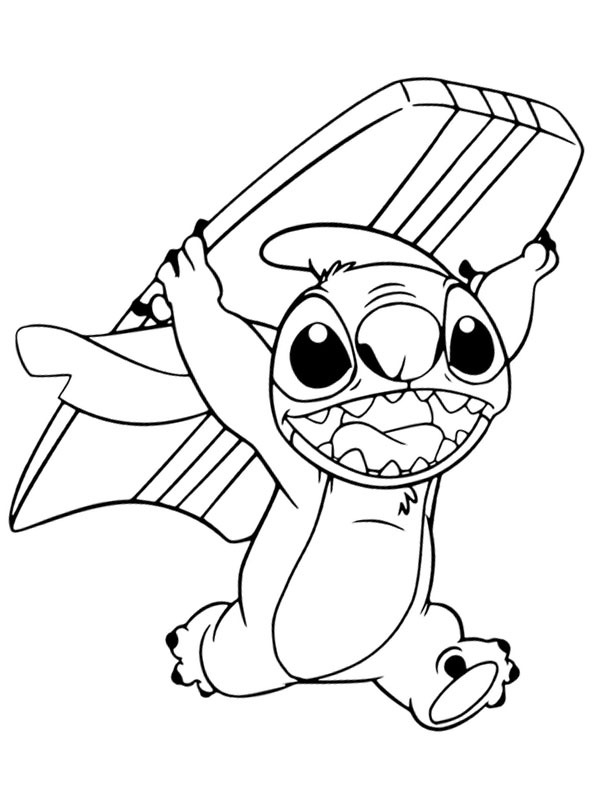 Dibujo de Stitch con una tabla de surf para Colorear