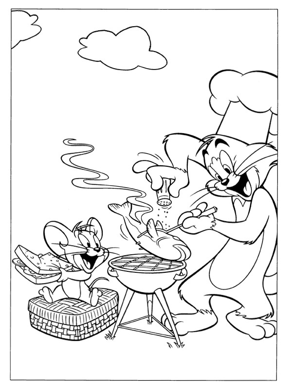 Dibujo de Tom y Jerry están haciendo una barbacoa para Colorear