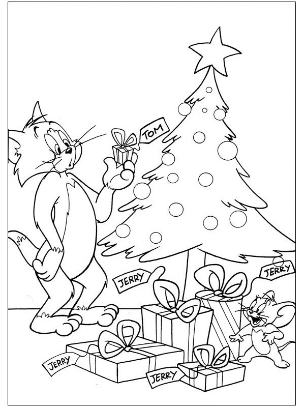 Dibujo de Tom y Jerry junto al árbol de Navidad para Colorear