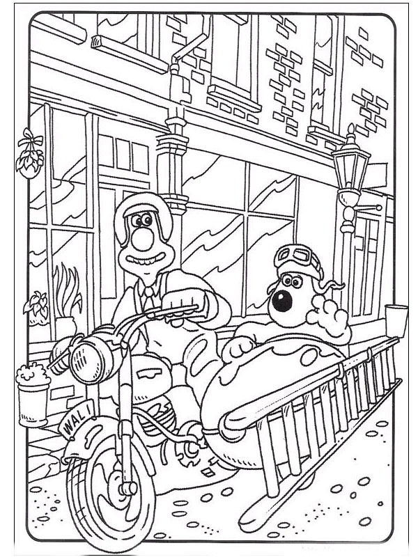 Dibujo de Wallace y Gromit en moto para Colorear